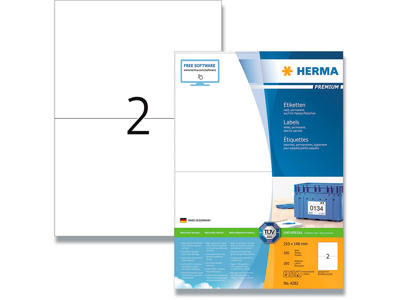 Etiketter, 210x148 mm, Hvid, 200 etiketter i alt, Herma Premium