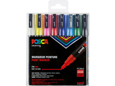 Paint marker, 0.9-1.3 mm, 8 assorterede farver, Rund spids, uni Posca PC-3M