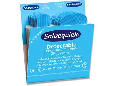 Plaster, Sporbar i metaldetektor, 30 plastre pr refill, 6 pakker refill, Salvequick Fingerspids Detectable