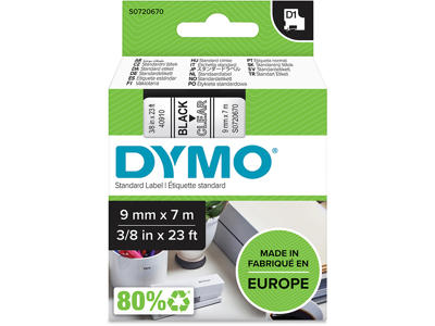 Labeltape, 9mm x 7m, Sort på Transparent, 1 rulle, Dymo D1 40910