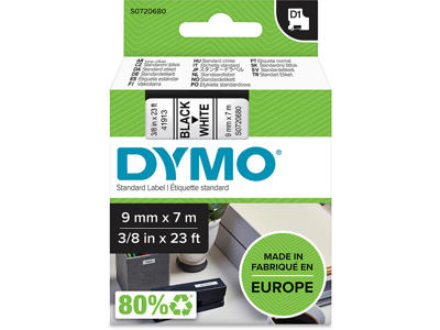 Labeltape, 9mm x 7m, Sort på Hvid, 1 rulle, Dymo D1 40913