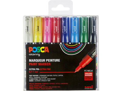 Paint marker, 0.7 mm, 8 assorterede farver, Ekstra-fin spids, uni Posca PC-1M