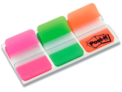 Indexfaner, 3 neon farver, 66 stk, 3.8x2.54 cm, Post-it Index Strong