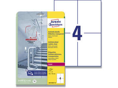 Etiketter, 105x148 mm, Transparent, 40 etiketter i alt, Avery Antimikrobielle