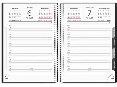 Kalender, 2025, Dag, 1 dag pr. side, Sort, Mayland