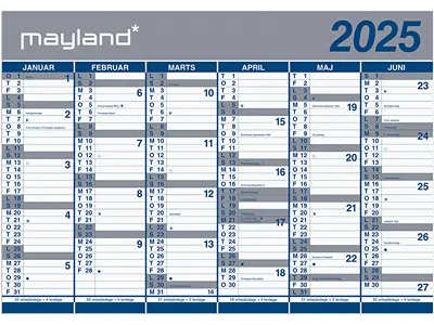 Vægkalender, 2025, Kæmpe, 6 måneder pr. side, 100x70 cm, Mayland